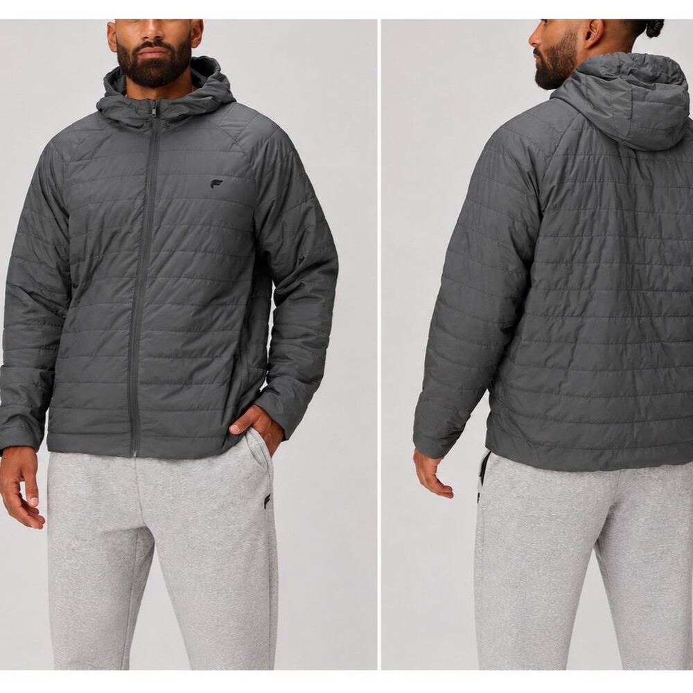 Fabletics The Commuter Light Fill Men's Onyx Gray Hooded Puffer Jacket M